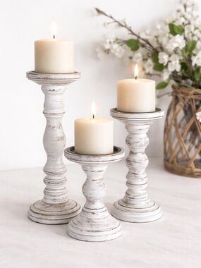 Rustic White Distressed Wood Candle Holders Set - Home Accents